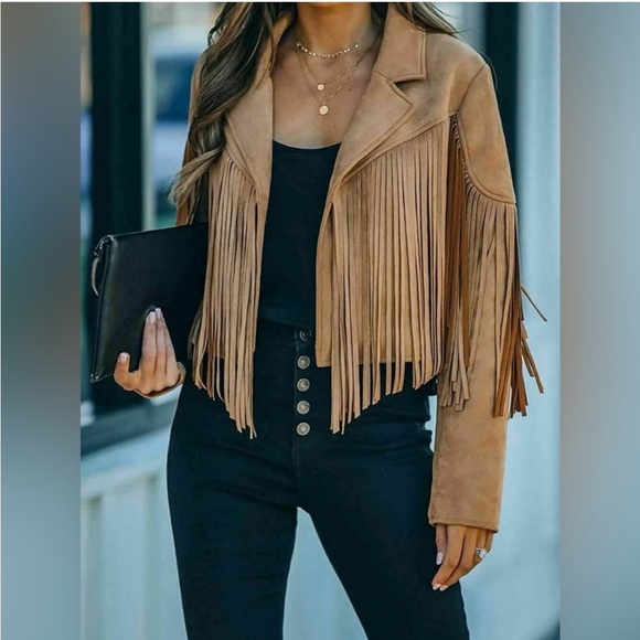 Chartou Women's Tan Fringe Faux Suede Jacket, L- Western, Cropped Moto, Fringe - Picture 7 of 7